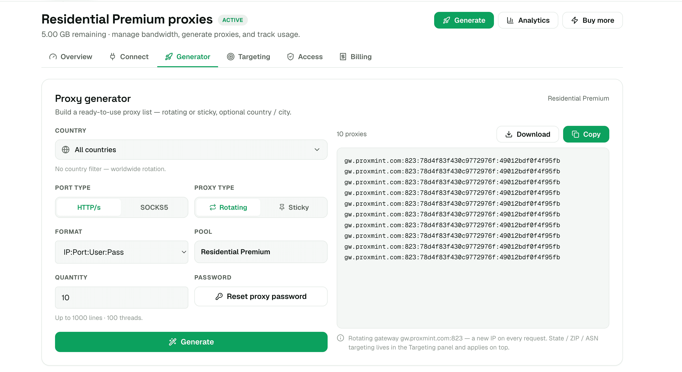 The Proxmint proxy generator: pick a country, choose rotating or sticky, set quantity, and copy ready-to-use proxies.